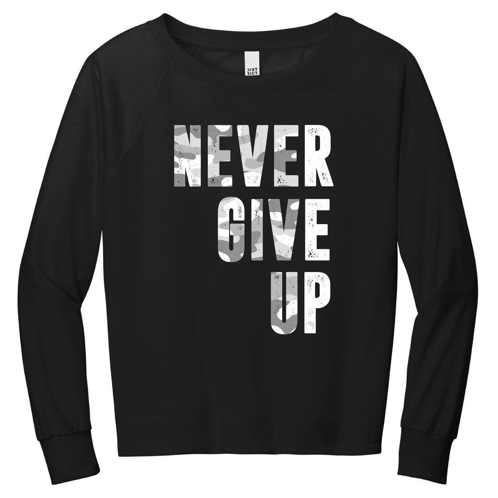 Never Give UP Repeat (White Camo) ( Light Weight French Terry Crew ) - FitnessTeeCo